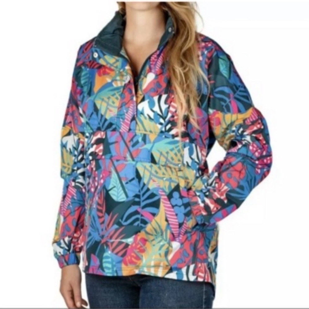 SOLD! Lauren James Hooded Rain Jacket Pullover Windbreaker Multicolored Floral - Picture 1 of 12